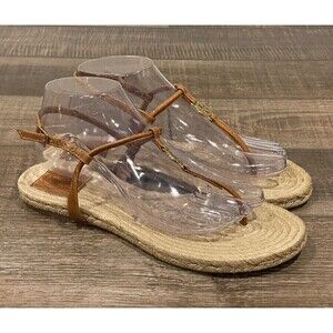 Tory Burch Brown Leather Emmy Flat Espadrilles Thong Sandals Size 8B Womens